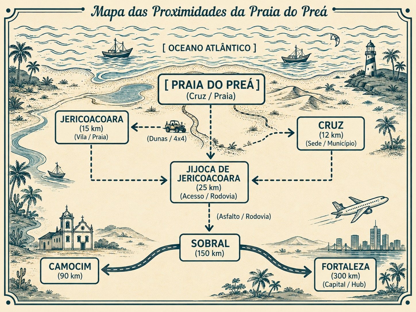 apa turístico da Praia do Preá, Ceará, mostrando acesso a Jericoacoara, Cruz, Jijoca de Jericoacoara, Camocim, Sobral e Fortaleza