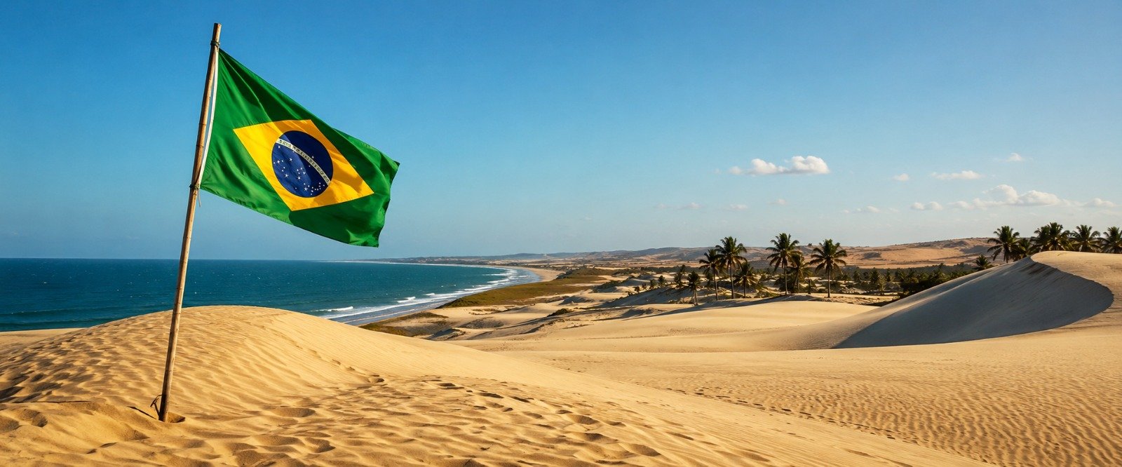 Dunas do Ceará com areia dourada, coqueiros ao fundo, mar azul e bandeira do Brasil fincada na areia sob céu ensolarado.