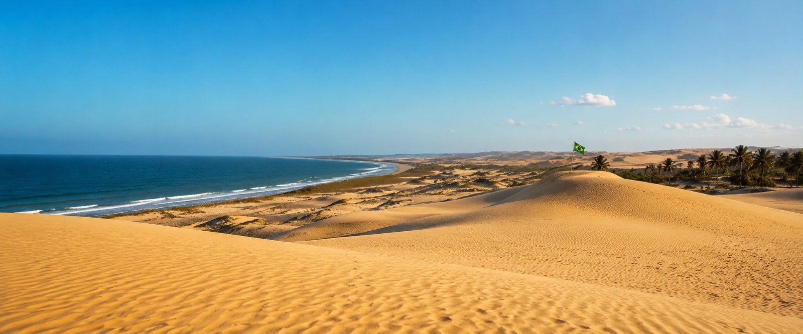 Dunas de Jericoacoara, no Ceará, com mar azul ao fundo, coqueiros e uma bandeira do Brasil fincada ao longe sobre a areia dourada.